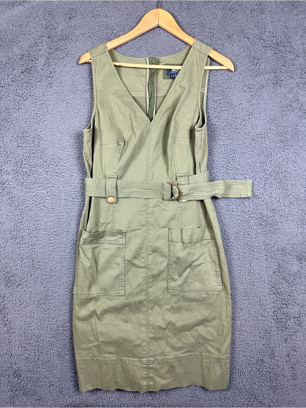 Maeve Anthropologie Olive Green Utility Belted Sheath Dress V-Neck Size 12